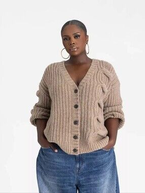 KBB by KAHLANA Women 'The Cable Mix Cardi' - Tan Oversized Size S